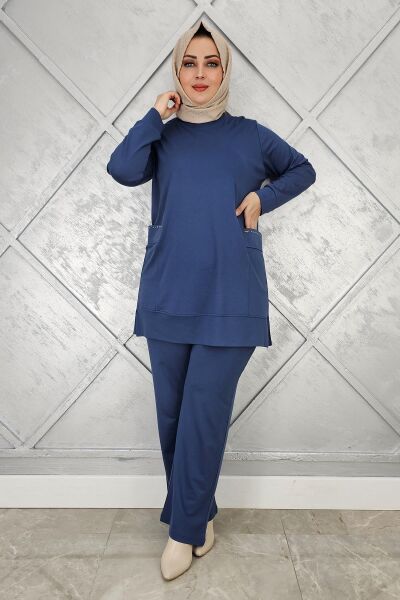 KADIN CEBİ TAŞ DETAYLI TESETTÜR TAKIM İNDİGO - L