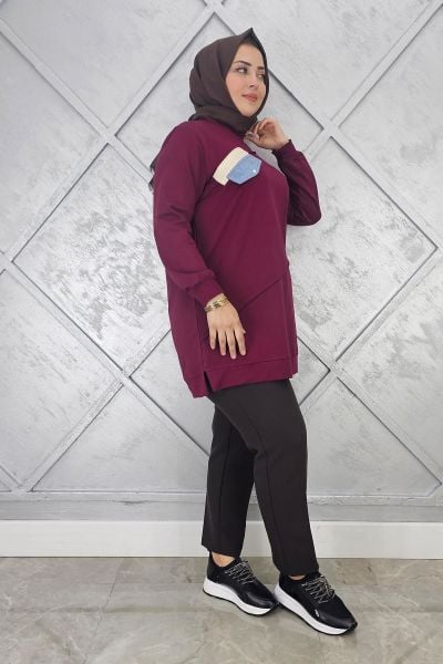 KADIN CEP GÖRÜNÜMLÜ TESETTÜR TUNİK BORDO - XL