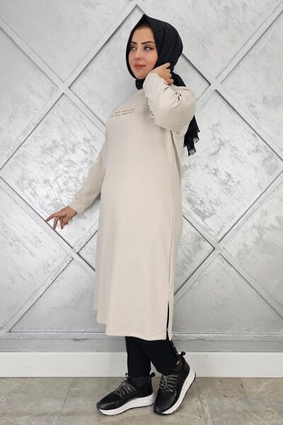 KADIN BASKI DETAYLI TESETTÜR TUNİK BEJ - 2 BEDEN