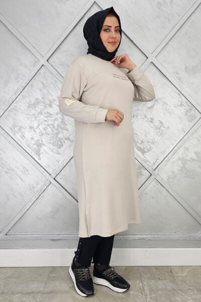 KADIN BASKI DETAYLI TESETTÜR TUNİK BEJ - 2 BEDEN