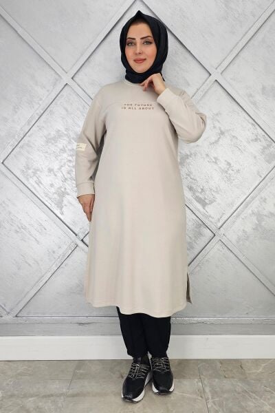 KADIN BASKI DETAYLI TESETTÜR TUNİK BEJ - 2 BEDEN