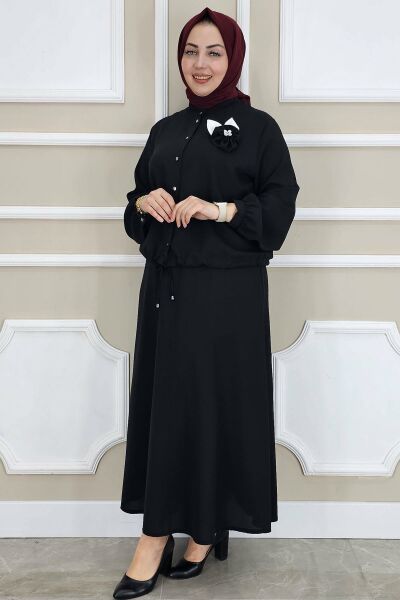 PYS KADIN ÇİÇEK BROŞ DETAYLI GÖMLEK ETEK TESETTÜR TAKIM SİYAH - 2 BEDEN