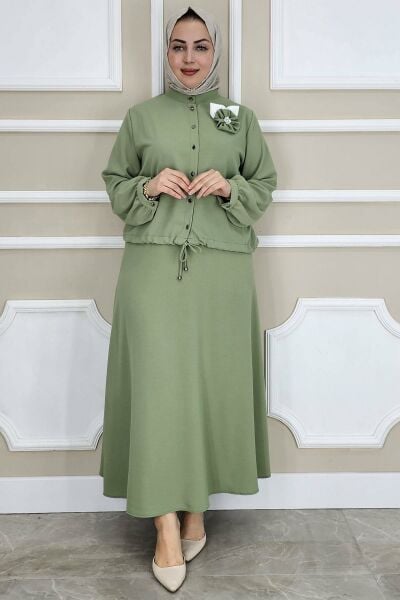 PYS KADIN ÇİÇEK BROŞ DETAYLI GÖMLEK ETEK TESETTÜR TAKIM YEŞİL - 3 BEDEN