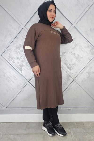 KADIN BASKI DETAYLI TESETTÜR TUNİK KAHVERENGİ - 3 BEDEN