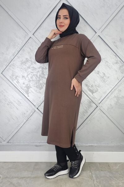 KADIN BASKI DETAYLI TESETTÜR TUNİK KAHVERENGİ - 3 BEDEN