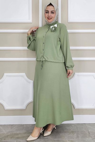 PYS KADIN ÇİÇEK BROŞ DETAYLI GÖMLEK ETEK TESETTÜR TAKIM YEŞİL - 4 BEDEN