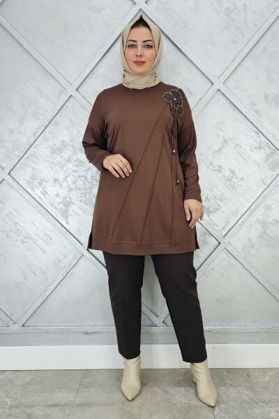 KADIN ÇİÇEKLİ NERVÜR DİKİM DETAYLI TESETTÜR TUNİK