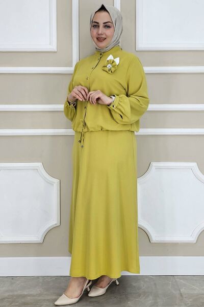 PYS KADIN ÇİÇEK BROŞ DETAYLI GÖMLEK ETEK TESETTÜR TAKIM YAĞ YEŞİLİ - 2 BEDEN