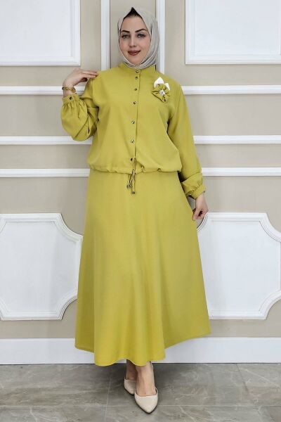PYS KADIN ÇİÇEK BROŞ DETAYLI GÖMLEK ETEK TESETTÜR TAKIM YAĞ YEŞİLİ - 2 BEDEN