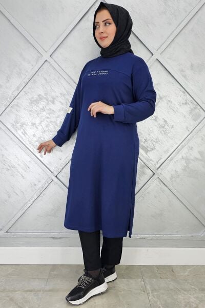 KADIN BASKI DETAYLI TESETTÜR TUNİK İNDİGO - 3 BEDEN