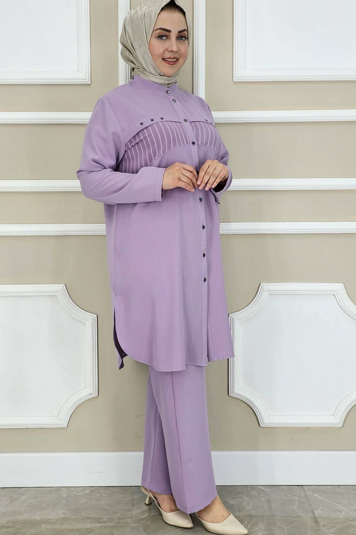 PYS KADIN KOMBİNLİ TAŞ DETAYLI TESETTÜR TAKIM LİLA - 4 BEDEN