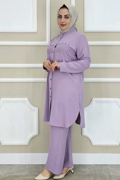 PYS KADIN KOMBİNLİ TAŞ DETAYLI TESETTÜR TAKIM LİLA - 4 BEDEN