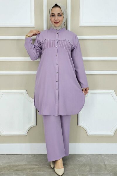 PYS KADIN KOMBİNLİ TAŞ DETAYLI TESETTÜR TAKIM LİLA - 4 BEDEN