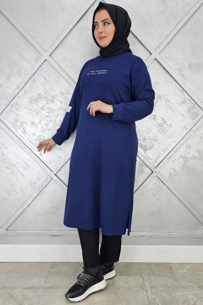 KADIN BASKI DETAYLI TESETTÜR TUNİK İNDİGO - 5 BEDEN