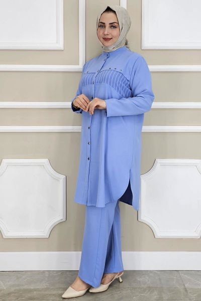 PYS KADIN KOMBİNLİ TAŞ DETAYLI TESETTÜR TAKIM MAVİ - 2 BEDEN