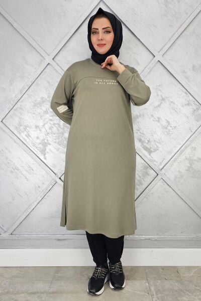 KADIN BASKI DETAYLI TESETTÜR TUNİK HAKİ - 4 BEDEN
