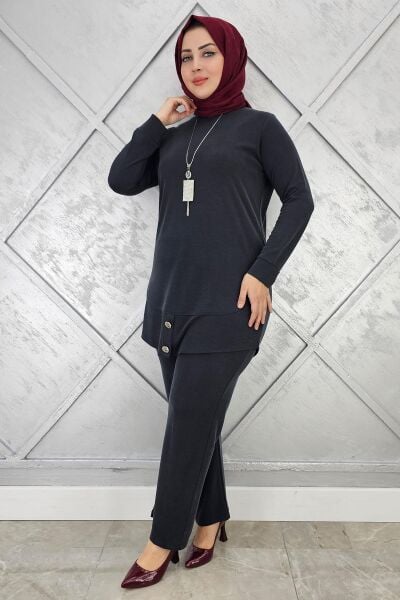 KADIN KOLYE DÜĞME DETAYLI TESETTÜR TAKIM SİYAH - 3 BEDEN