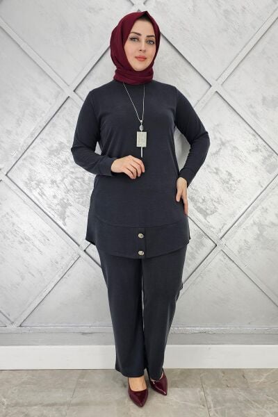 KADIN KOLYE DÜĞME DETAYLI TESETTÜR TAKIM SİYAH - 3 BEDEN