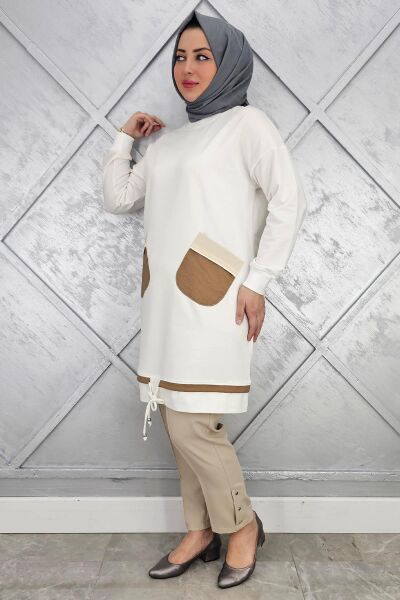 KADIN CEBİ PARAŞÜT KUMAŞ KOMBİNLİ VE TAŞ DETAYLI TESETTÜR TUNİK EKRU - 4 BEDEN