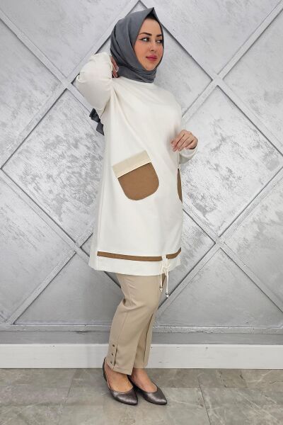 KADIN CEBİ PARAŞÜT KUMAŞ KOMBİNLİ VE TAŞ DETAYLI TESETTÜR TUNİK EKRU - 4 BEDEN