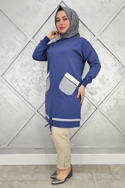 KADIN CEBİ PARAŞÜT KUMAŞ KOMBİNLİ VE TAŞ DETAYLI TESETTÜR TUNİK İNDİGO - 2 BEDEN
