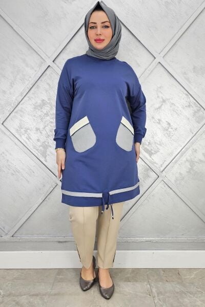 KADIN CEBİ PARAŞÜT KUMAŞ KOMBİNLİ VE TAŞ DETAYLI TESETTÜR TUNİK İNDİGO - 2 BEDEN