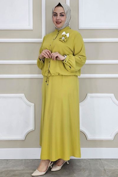 PYS KADIN ÇİÇEK BROŞ DETAYLI GÖMLEK ETEK TESETTÜR TAKIM YAĞ YEŞİLİ - 4 BEDEN