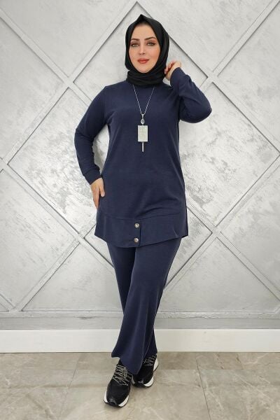 KADIN KOLYE DÜĞME DETAYLI TESETTÜR TAKIM LACİVERT - 4 BEDEN