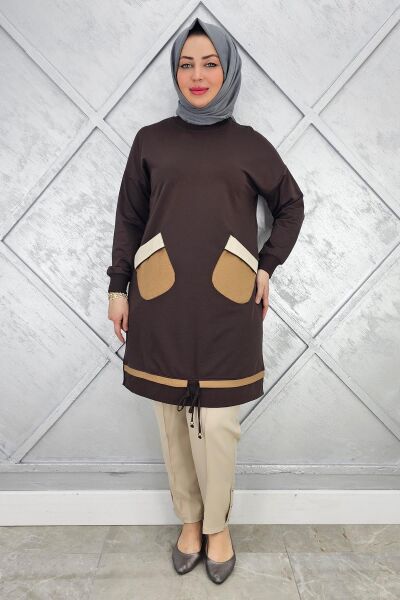 KADIN CEBİ PARAŞÜT KUMAŞ KOMBİNLİ VE TAŞ DETAYLI TESETTÜR TUNİK KAHVERENGİ - 5 BEDEN