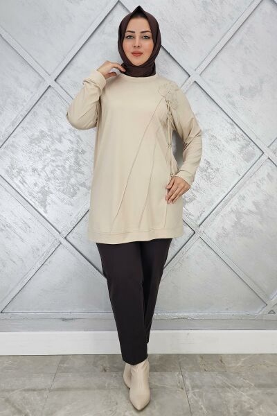 KADIN ÇİÇEKLİ NERVÜR DİKİM DETAYLI TESETTÜR TUNİK BEJ - 3 BEDEN