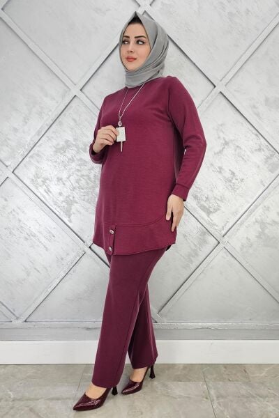 KADIN KOLYE DÜĞME DETAYLI TESETTÜR TAKIM BORDO - 5 BEDEN