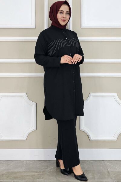 PYS KADIN KOMBİNLİ TAŞ DETAYLI TESETTÜR TAKIM SİYAH - 4 BEDEN
