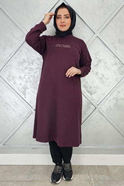 KADIN BASKI DETAYLI TESETTÜR TUNİK BORDO - 4 BEDEN
