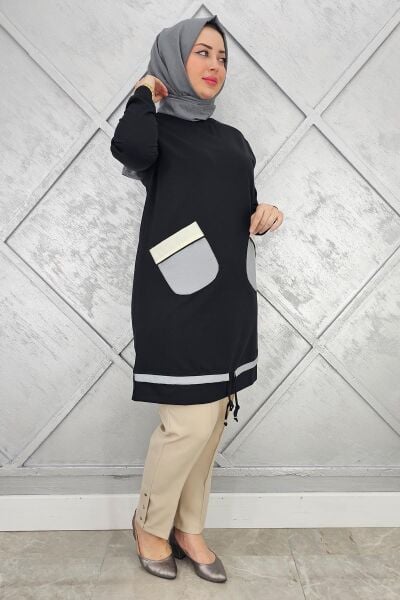 KADIN CEBİ PARAŞÜT KUMAŞ KOMBİNLİ VE TAŞ DETAYLI TESETTÜR TUNİK SİYAH - 5 BEDEN