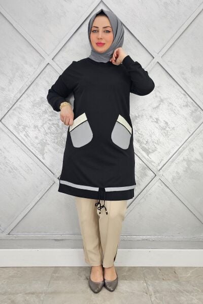KADIN CEBİ PARAŞÜT KUMAŞ KOMBİNLİ VE TAŞ DETAYLI TESETTÜR TUNİK SİYAH - 5 BEDEN
