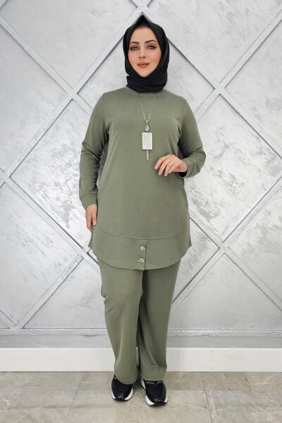 KADIN KOLYE DÜĞME DETAYLI TESETTÜR TAKIM HAKİ - 2 BEDEN