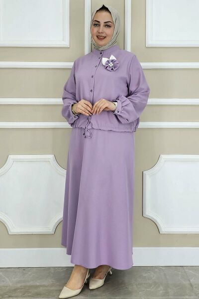 PYS KADIN ÇİÇEK BROŞ DETAYLI GÖMLEK ETEK TESETTÜR TAKIM LİLA - 3 BEDEN