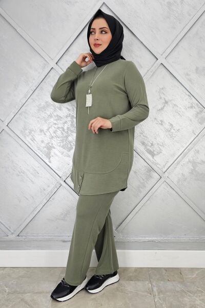 KADIN KOLYE DÜĞME DETAYLI TESETTÜR TAKIM HAKİ - 3 BEDEN