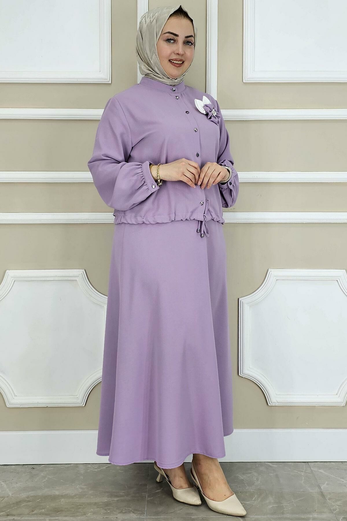 PYS KADIN ÇİÇEK BROŞ DETAYLI GÖMLEK ETEK TESETTÜR TAKIM LİLA - 4 BEDEN