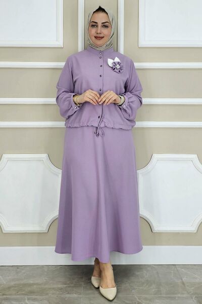 PYS KADIN ÇİÇEK BROŞ DETAYLI GÖMLEK ETEK TESETTÜR TAKIM LİLA - 4 BEDEN