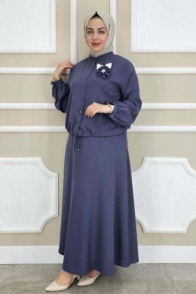 PYS KADIN ÇİÇEK BROŞ DETAYLI GÖMLEK ETEK TESETTÜR TAKIM MAVİ - 4 BEDEN