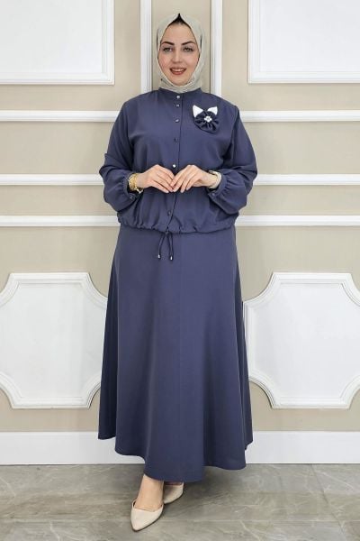 PYS KADIN ÇİÇEK BROŞ DETAYLI GÖMLEK ETEK TESETTÜR TAKIM MAVİ - 4 BEDEN