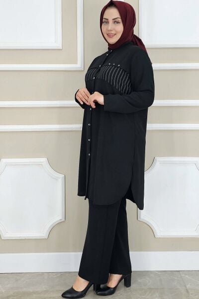PYS KADIN KOMBİNLİ TAŞ DETAYLI TESETTÜR TAKIM SİYAH - 3 BEDEN