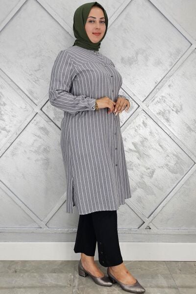 KADIN BROŞLU ÇİZGİLİ KETEN TESETTÜR GÖMLEK GRİ - 5 BEDEN