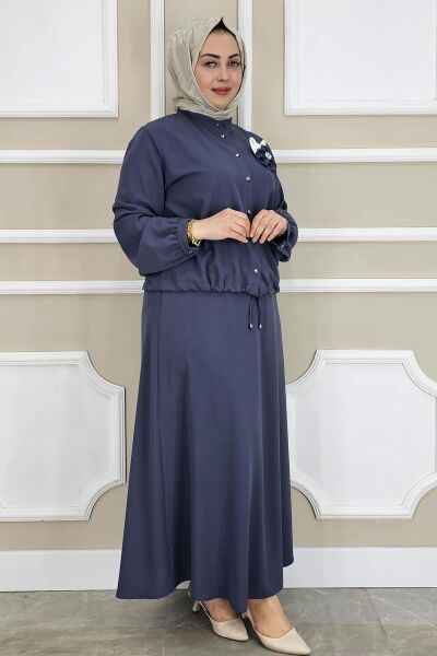PYS KADIN ÇİÇEK BROŞ DETAYLI GÖMLEK ETEK TESETTÜR TAKIM MAVİ - 5 BEDEN
