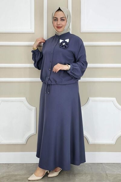 PYS KADIN ÇİÇEK BROŞ DETAYLI GÖMLEK ETEK TESETTÜR TAKIM MAVİ - 5 BEDEN