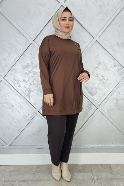 KADIN ÇİÇEKLİ NERVÜR DİKİM DETAYLI TESETTÜR TUNİK KAHVERENGİ - 3 BEDEN