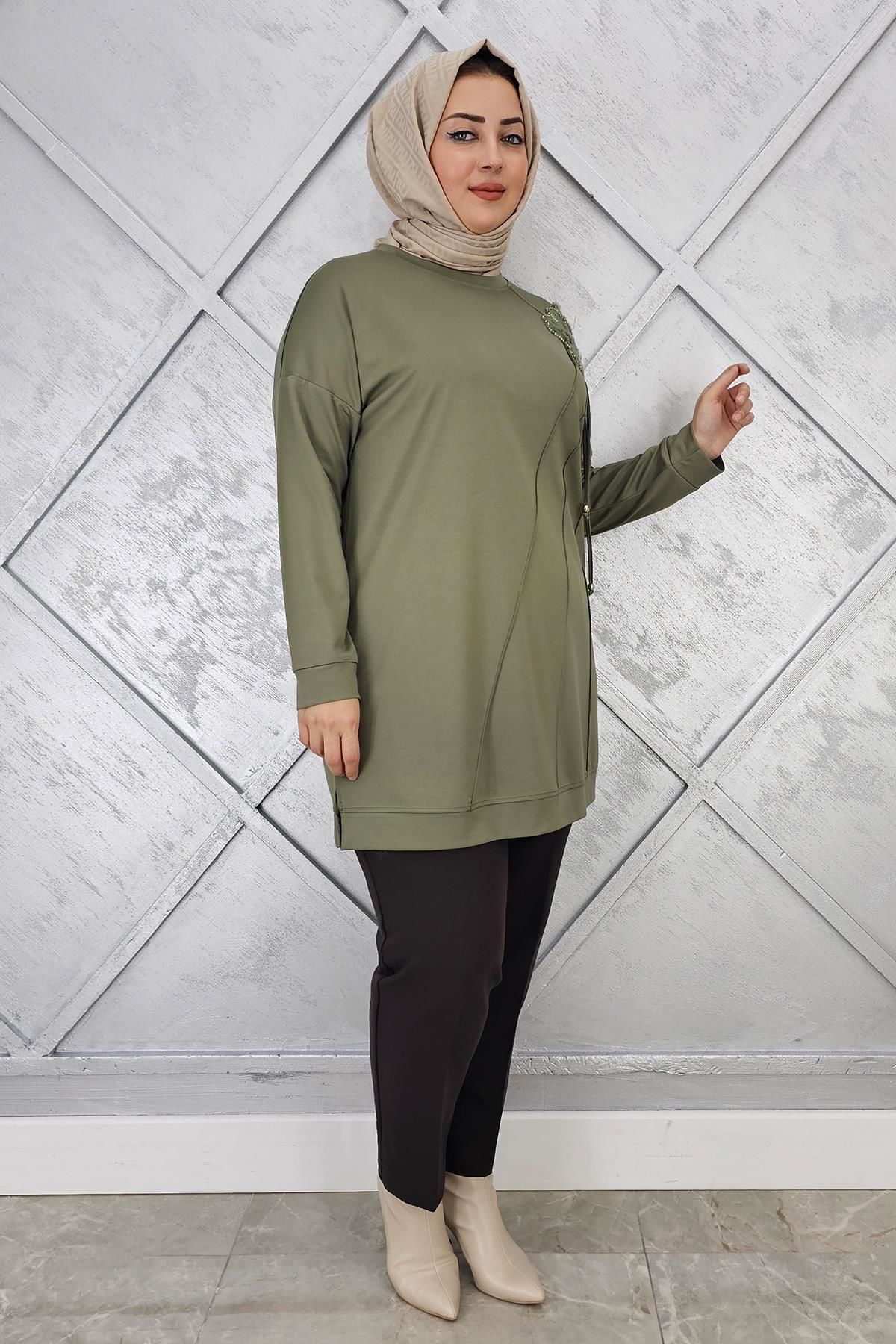 KADIN ÇİÇEKLİ NERVÜR DİKİM DETAYLI TESETTÜR TUNİK HAKİ - 2 BEDEN