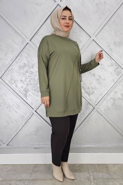 KADIN ÇİÇEKLİ NERVÜR DİKİM DETAYLI TESETTÜR TUNİK HAKİ - 2 BEDEN