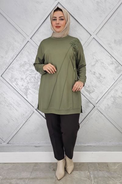 KADIN ÇİÇEKLİ NERVÜR DİKİM DETAYLI TESETTÜR TUNİK HAKİ - 2 BEDEN